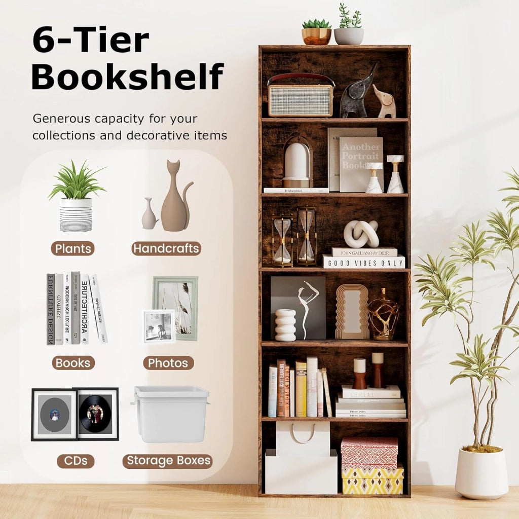 Libreria Scaffale a 6 Ripiani, Libreria Verticale con 2 Kit Antiribaltamento, Mobile Soggiorno in Legno, con Cuscinetti Antiscivolo, per Studio, Camera da Letto, 60 x 23,5 x 178 cm (Marrone)