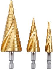 3 x Trapano a metallo in acciaio inox, con punta a cono di titanio, con testa a sei facce, per trapani a mano, per forare acciaio, rame, legno, plastica
