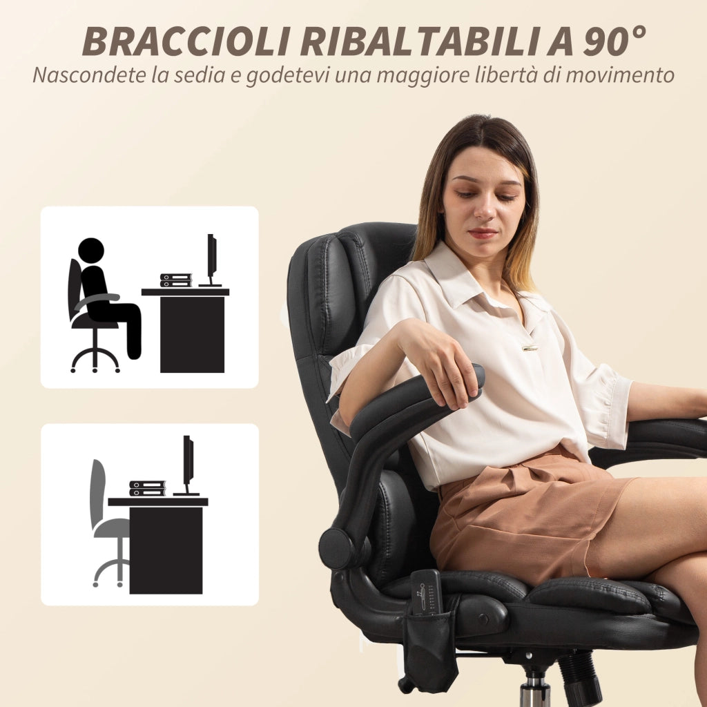 Sedia da Ufficio Operativa Massaggiante a 4 Punti con Riscaldamento e Braccioli Ribaltabili  in Pelle PU Nero