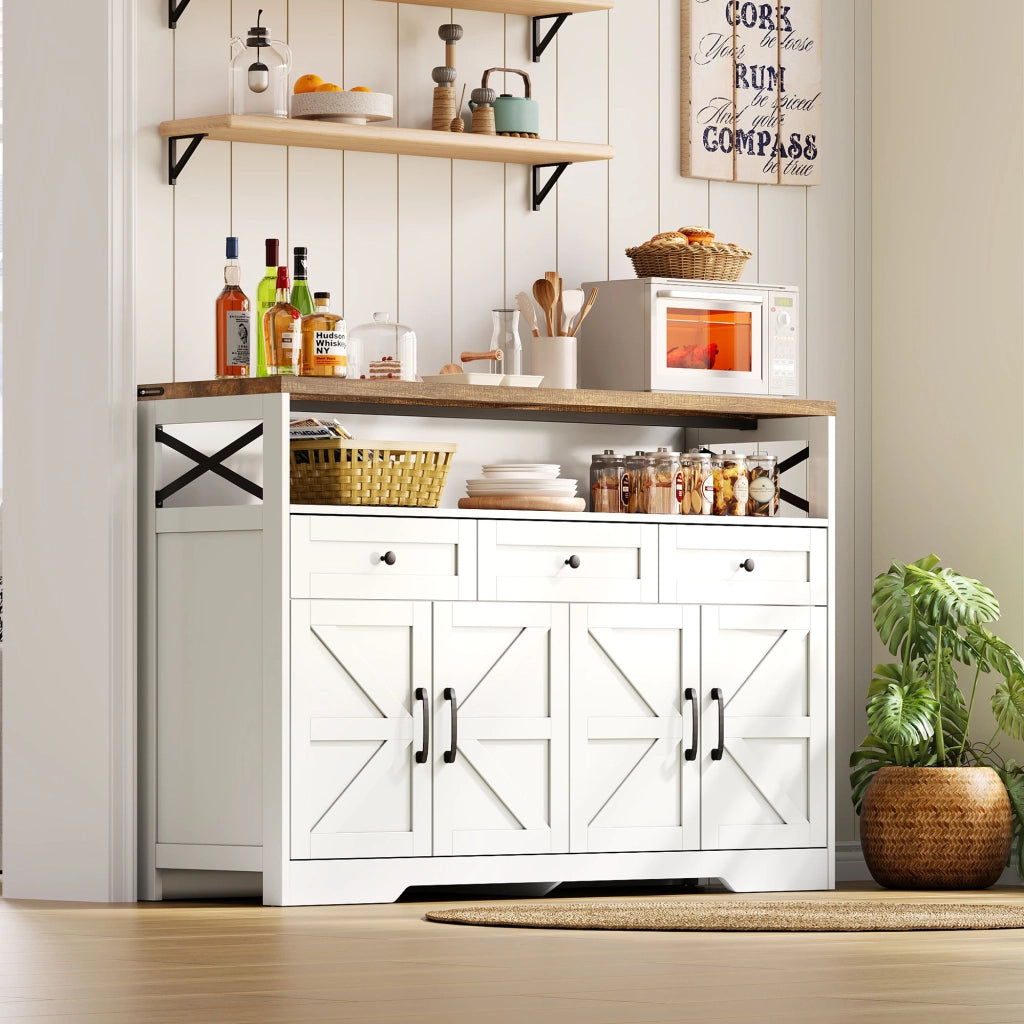 Buffet Anrichte 140 cm con 3 cassetti, 2 armadi e vani aperti, design rustico moderno in MDF, bianco e marrone