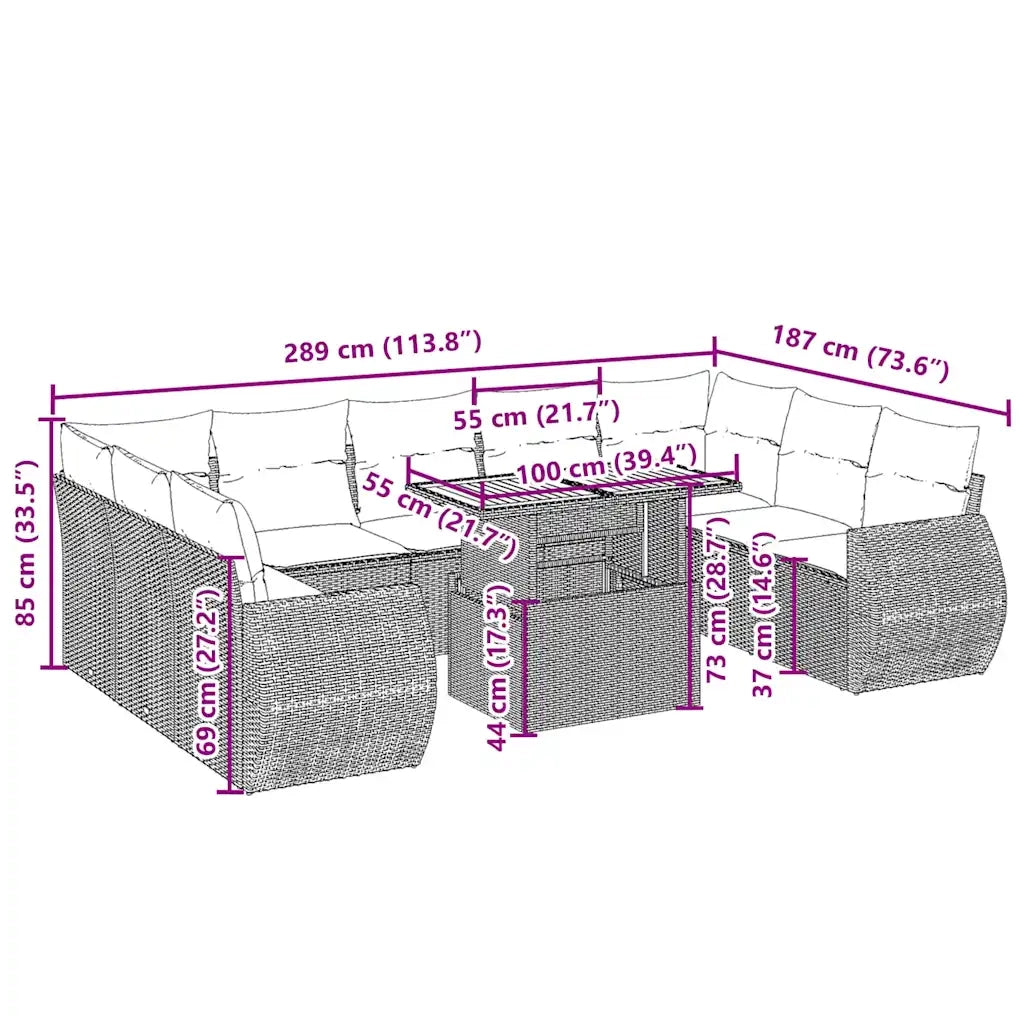 Set Divano da Giardino 10 pz con Cuscini Beige in Polyrattan