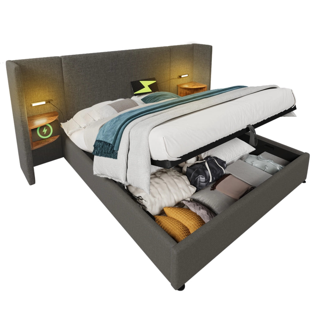 Letto matrimoniale imbottito con contenitore, lampada da lettura e ricarica USB Type-C