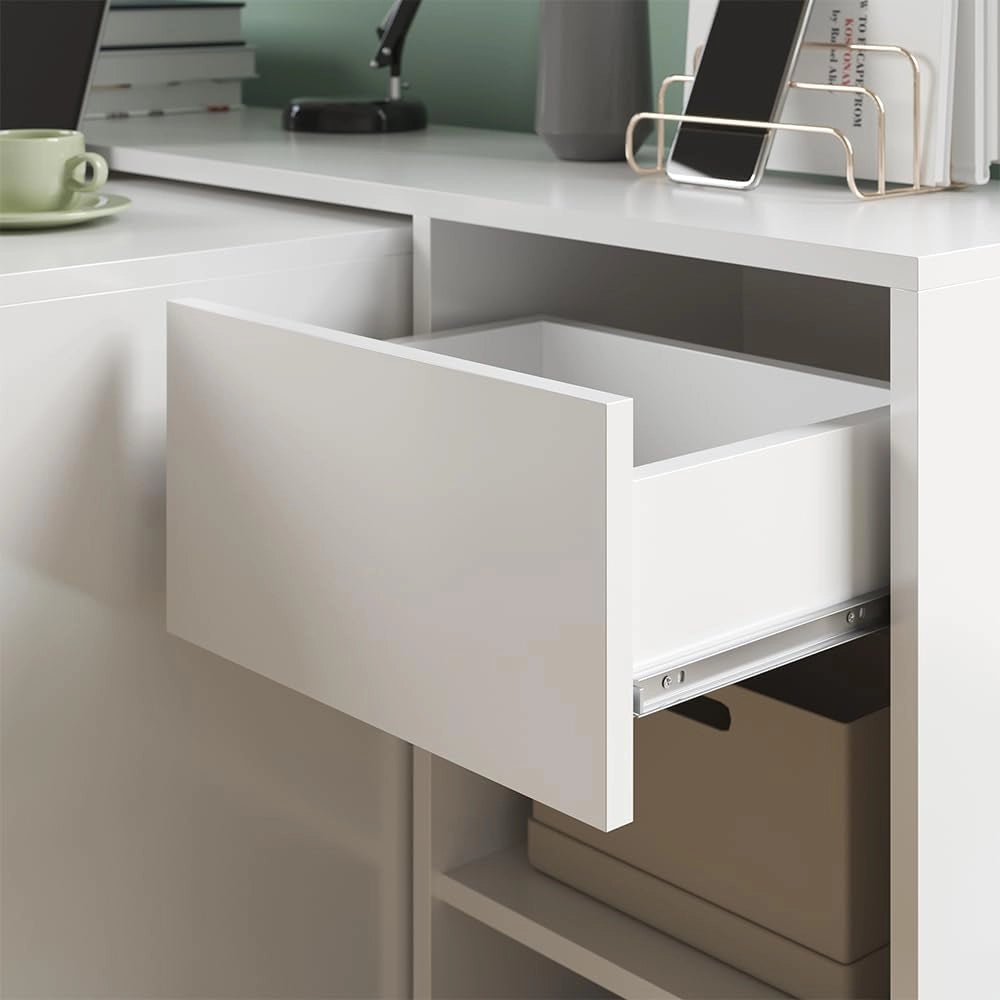 Scrivania Ben, Bianco, 145 x 46.4 cm, con piano di lavoro e ripiani aperti per l'organizzazione