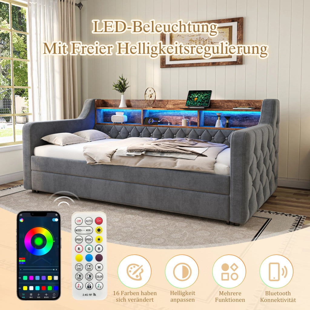 Letto estraibile 90 × 190 cm con contenitore, USB Type-C e LED regolabile, senza materasso, in velluto grigio scuro