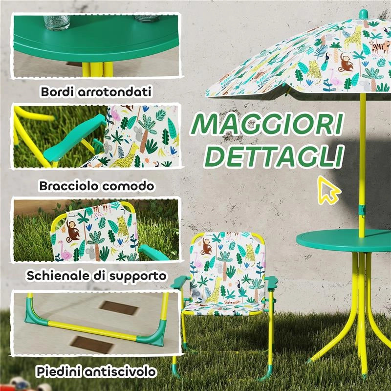 TAVOLO DA PICNIC PER BAMBINI SET TAVOLO E SEDIE CON OMBRELLONE VERDE
