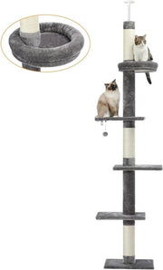Tenda per Gatti a 5 Livelli con Posto per Arrampicarsi e Letto Coordinato, Adattabile in Altezza, con Palla Sospesa per Gatti e Gattini - Grigio