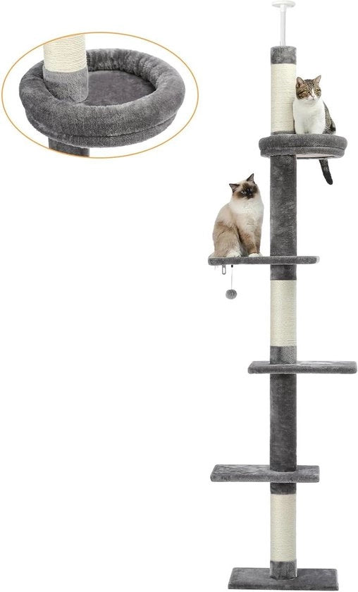 Tenda per Gatti a 5 Livelli con Posto per Arrampicarsi e Letto Coordinato, Adattabile in Altezza, con Palla Sospesa per Gatti e Gattini - Grigio
