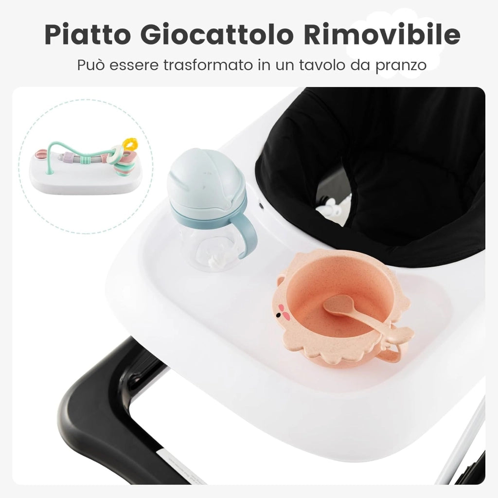 3 in 1 Girello per Bambini, Girello Pieghevole per Bambini, con 3 Altezze Regolabili, Sedile Imbottito e Piatto Giocattolo Rimovibile, Girello a Spinta con Ruote, per Bambini 6+ Mesi (Nero)