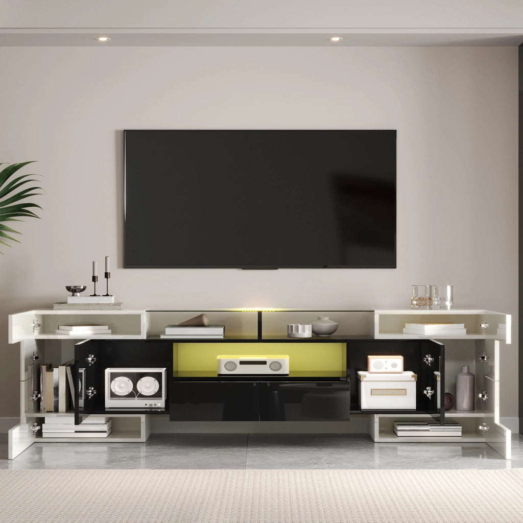 Mobile TV con 6 Ante; 2 Cassetti e LED; Bianco e Nero Lucido; 200¡Á35¡Á60 cm; in Pannello Truciolare