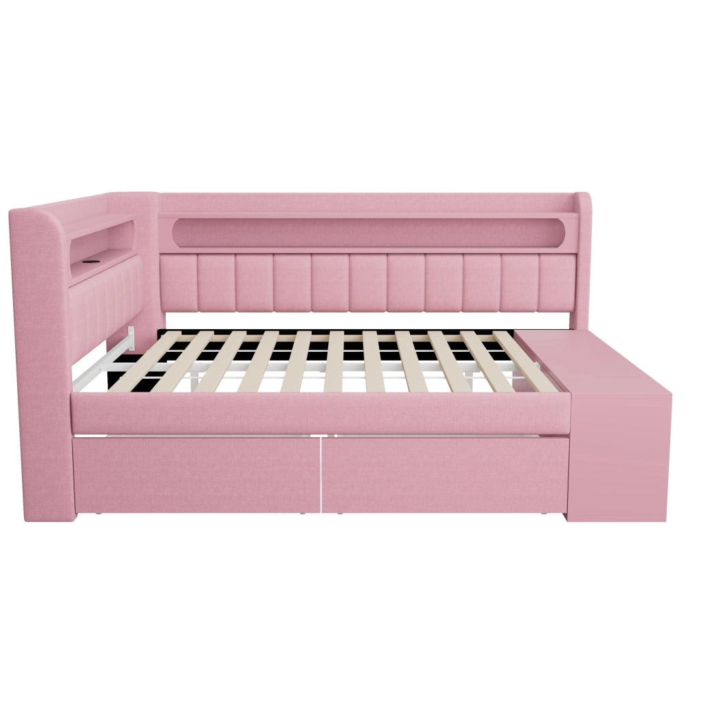 Letto imbottito 90x200 cm con USB; luce LED a 7 colori; 2 cassetti e scarpiera; rosa