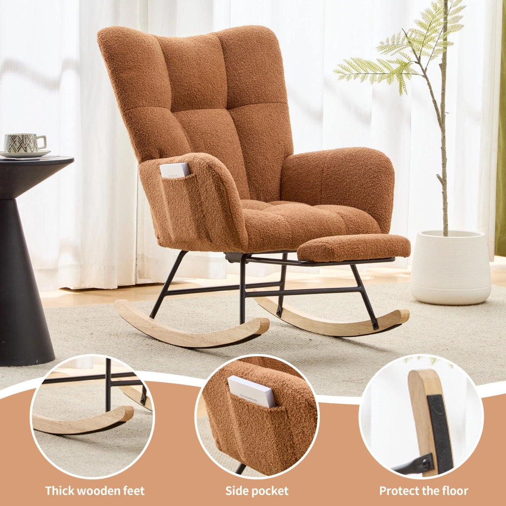 Poltrona a dondolo in tessuto teddy con schienale ergonomico e pouf, base in legno massello marrone