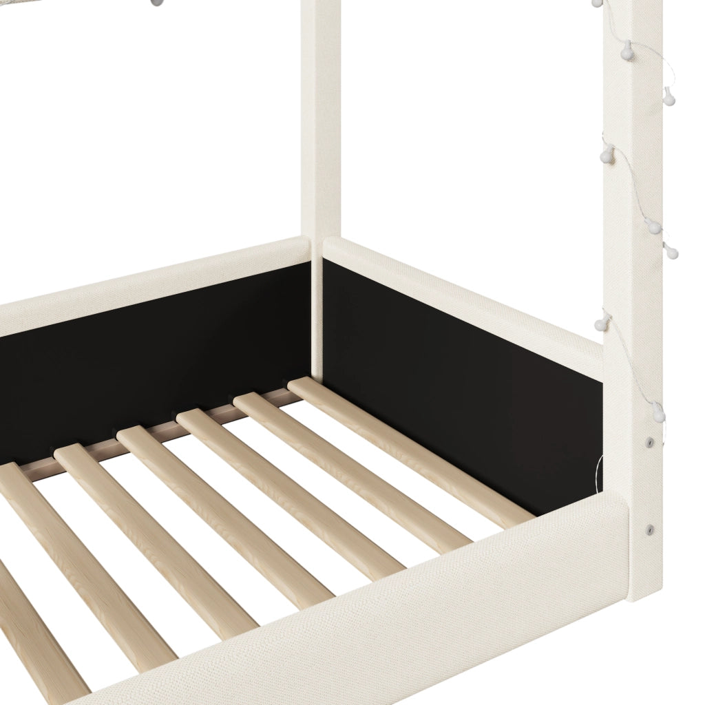 DESMIU Letto a casetta singolo con LED regolabile, 90 × 200 cm, senza materasso, in tessuto e MDF, beige