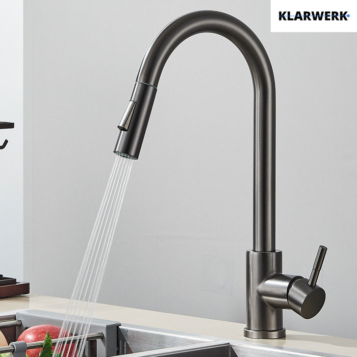 JANA | Rubinetto da cucina estensibile Premium in acciaio inox grigio titanio miscelatore arco alto | alta pressione ruotabile a 360° 2 attacchi