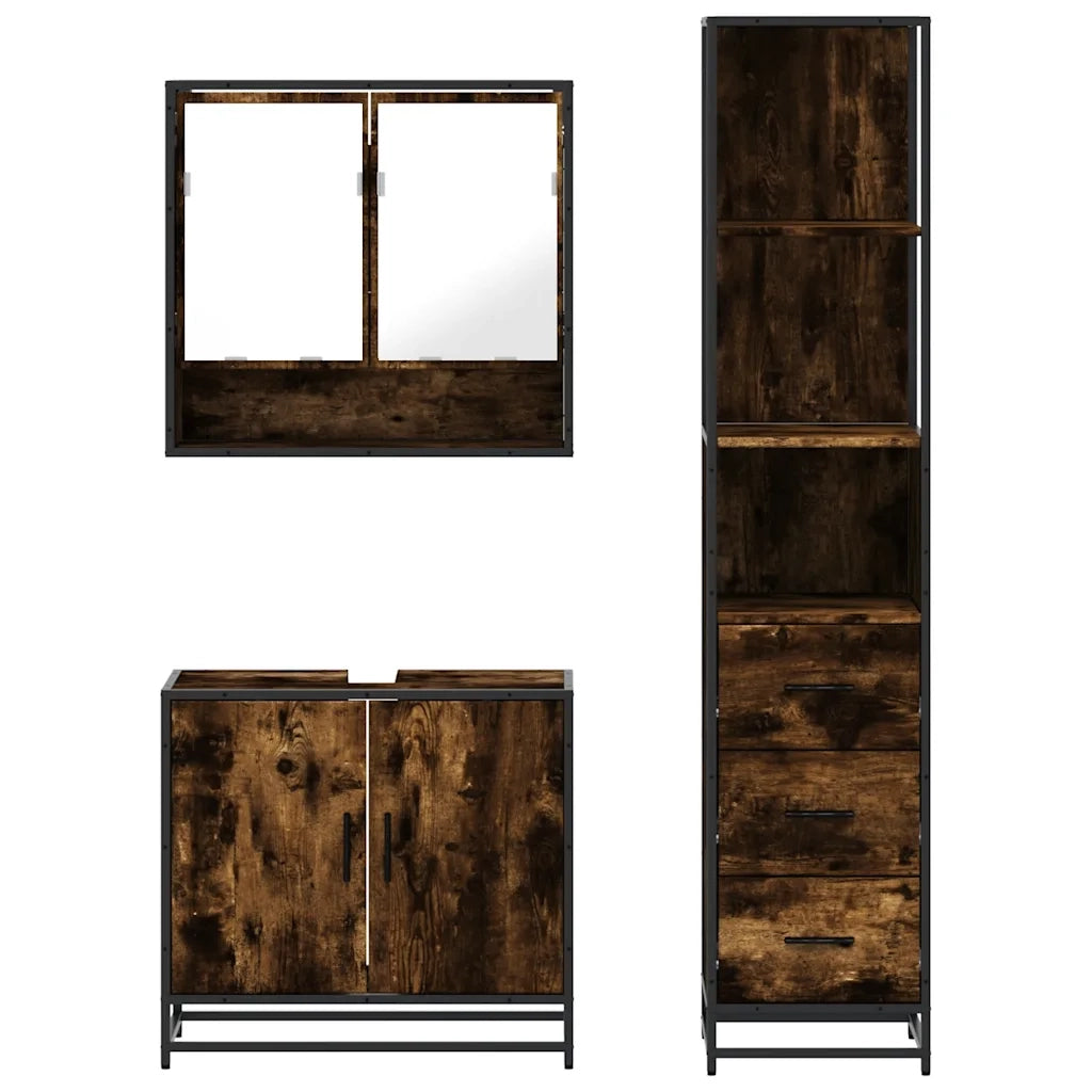 Set Mobili da Bagno 3 pz Rovere Fumo in Legno Multistrato