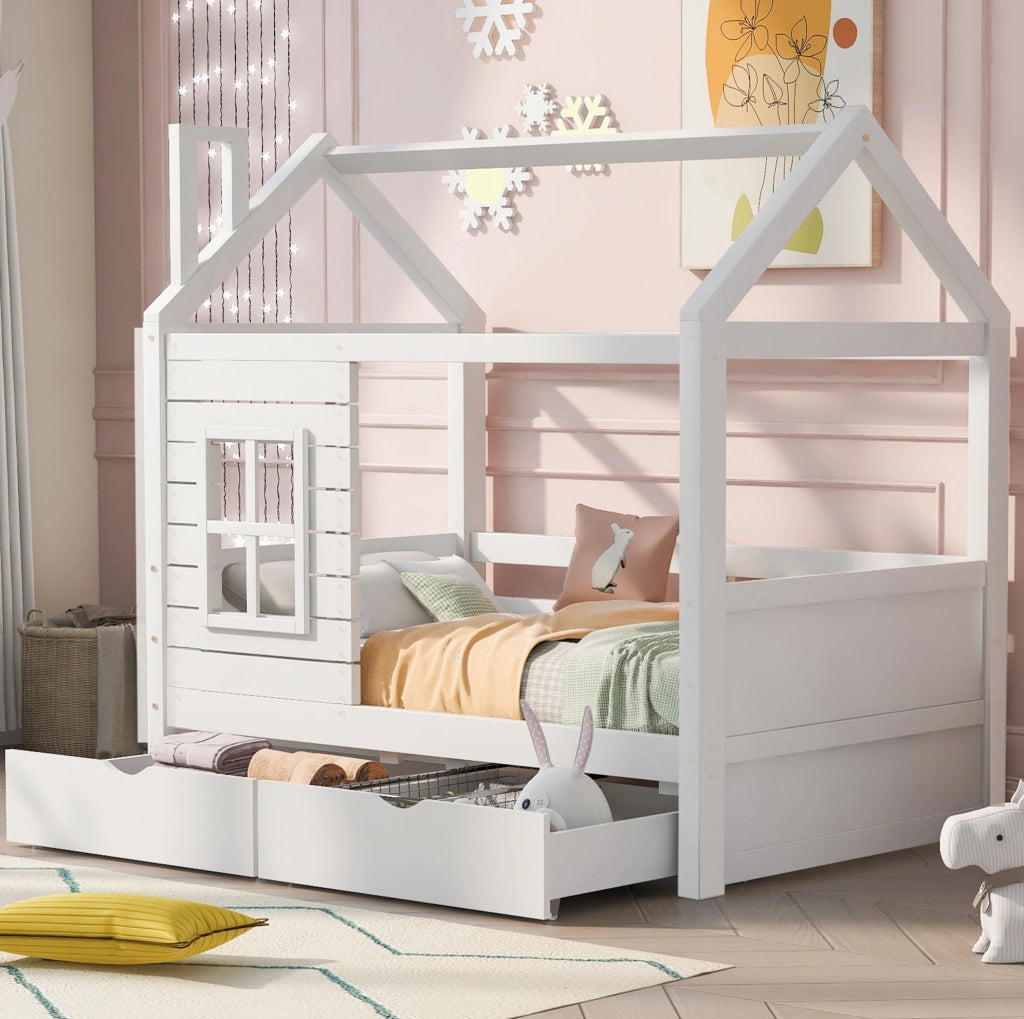 Letto per bambini 80x160 cm; casetta con finestre e cassetti; legno; bianco (Senza materasso)