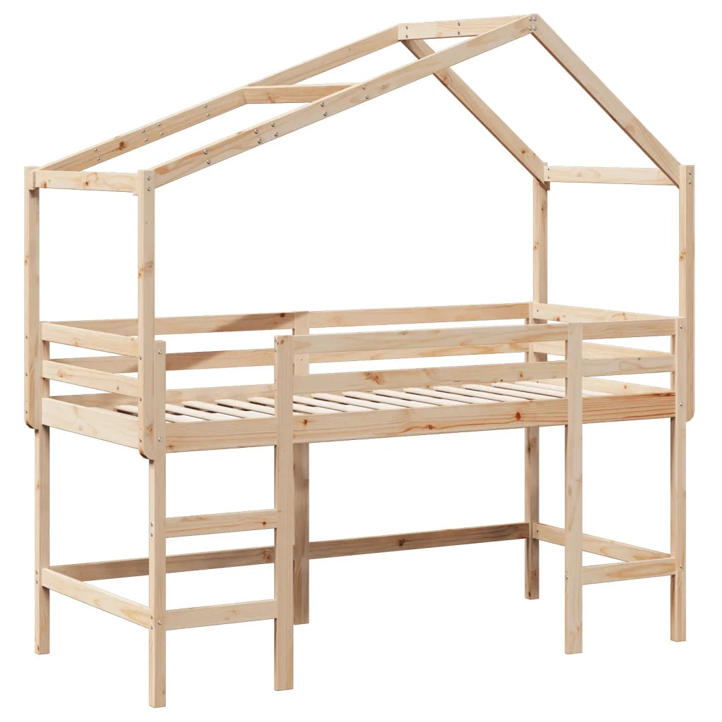 Letto Soppalco con Scala e Tetto 90x200 cm Legno Massello Pino