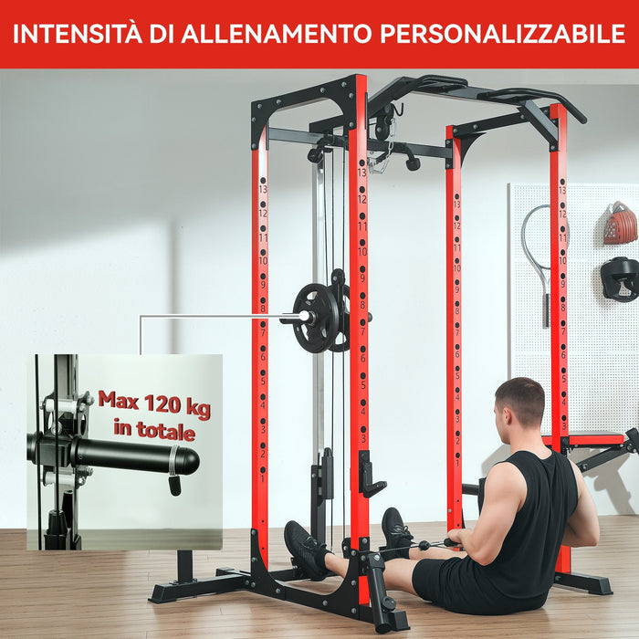 Stazione Fitness 191x153x205 cm Bilanciere Trazioni e Dip in Acciaio Rosso e Nero