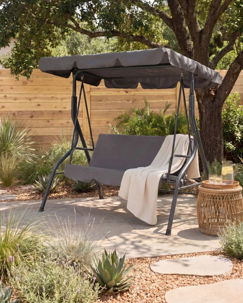 Altalena da giardino per patio con struttura in acciaio a rete grigio scuro a 3 posti con baldacchino