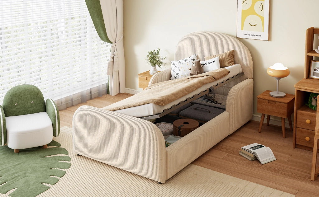 DESMIU Letto bambino 90 × 200 cm con contenitore idraulico e sponde, senza materasso, in velluto, beige