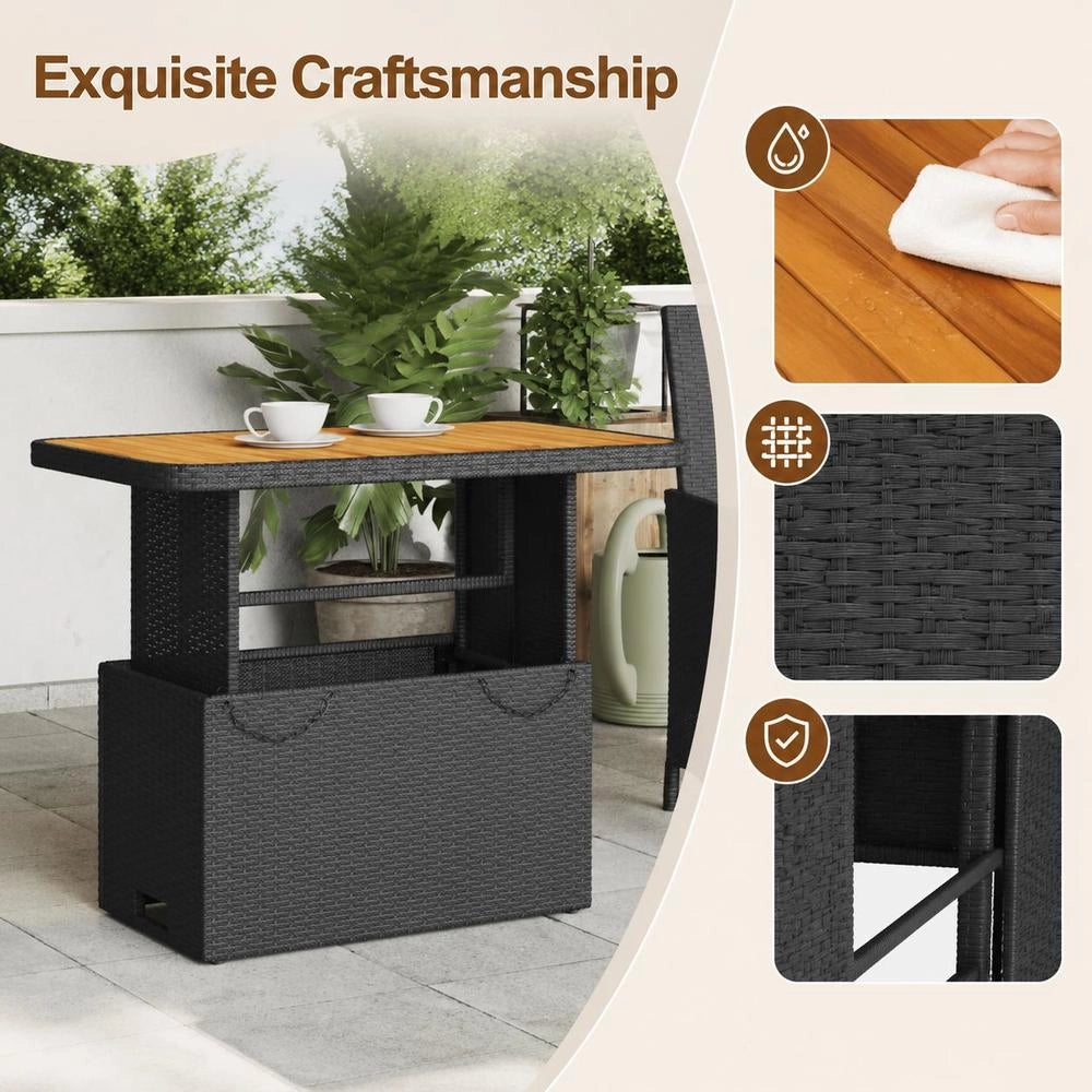 Garden Table Black 90x55x71 Cm Poly Rattan And Acacia Wood