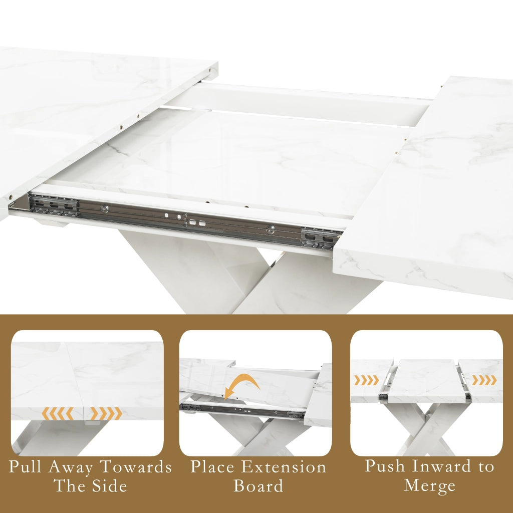 Tavolo allungabile rettangolare con piano effetto marmo bianco e base a X in metallo per sala da pranzo 160 × 80 × 76,5 cm
