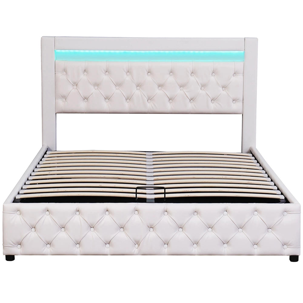 Letto imbottito 140x190 cm - Xylo - Bianco, struttura a doghe, spazio di archiviazione idraulico, illuminazione LED, materiale PU