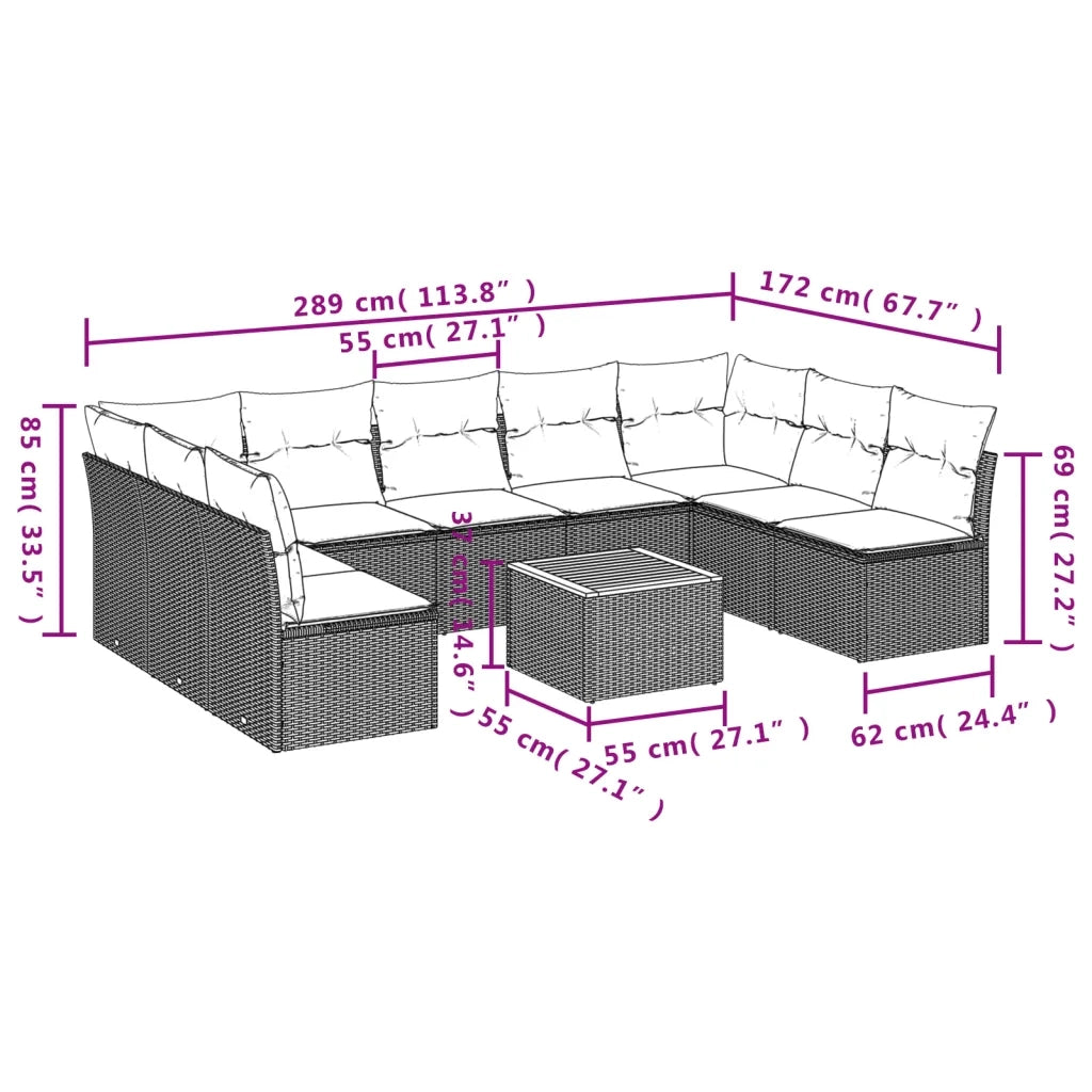 Set Divani da Giardino 10pz con Cuscini in Polyrattan Nero