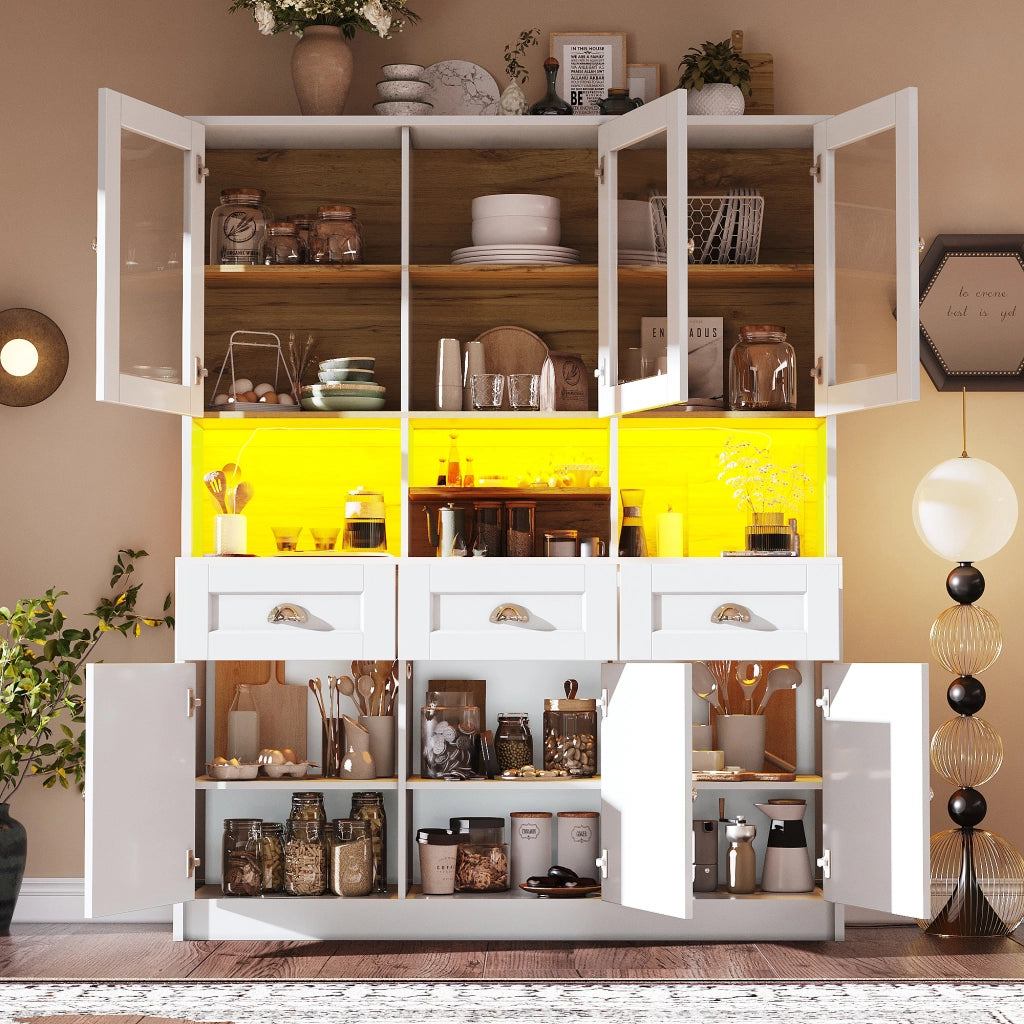 OKWISH Credenza da cucina alta con 6 ante e 3 cassetti, ripiani regolabili e LED, per cucina, MDF, 140 x 40 x 175 cm