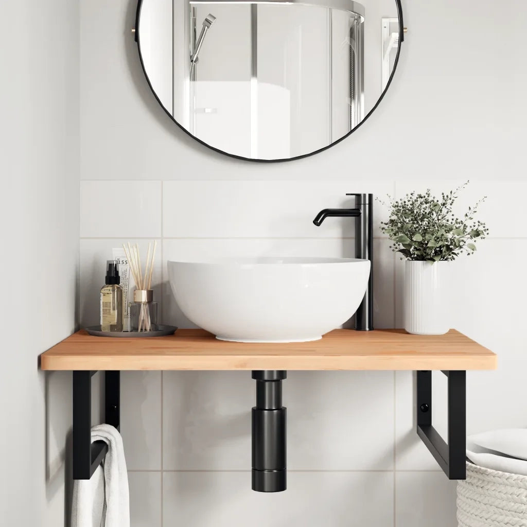 Ripiano a Parete per Lavabo in Acciaio e Massello di Faggio