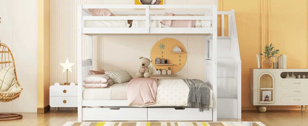 DESMIU Letto a castello 140 × 200 cm 2 posti con 2 cassetti, scaffali sulla scala e senza materasso, bianco