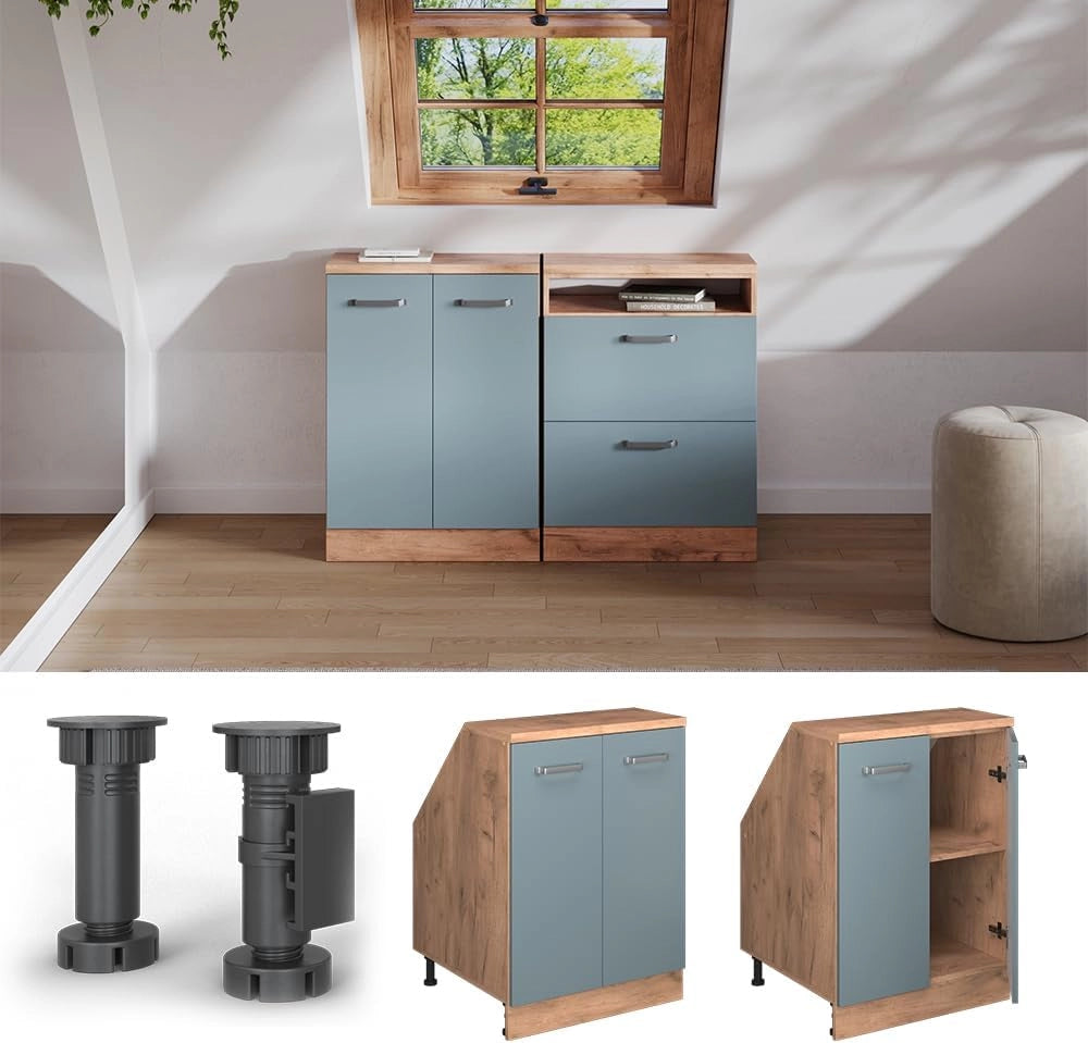 Mobile sottotetto Rion, Grigio-blu, 60 x 81.6 cm con 2 porte, carcassa 60 cm profondità, adatto per il salvaspazio sotto tetti spioventi