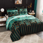 Set di coperte da letto, verde scuro, 135 x 200 cm, copertina a righe verde scuro, 4 pezzi, microfibra, a righe, set di coperte da letto, copertina geometrica, copertina moderna
