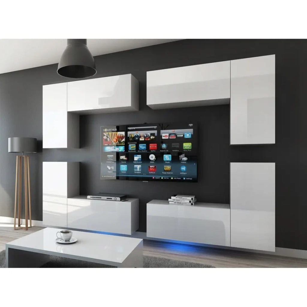 Set di mobili da soggiorno bianchi sospesi collezione CEPTO XX 260cm, 8 pezzi, led, modulari.