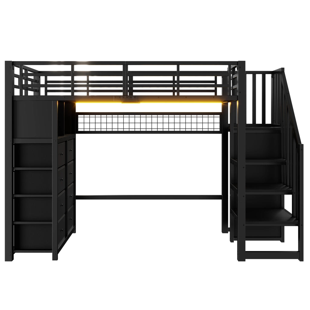 Letto a soppalco 90x200 cm con 8 cassetti e LED in MDF e metallo nero