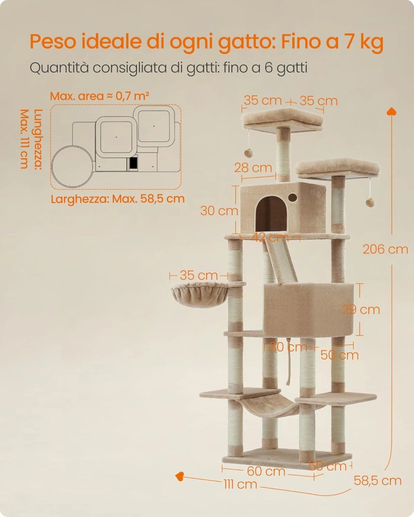 Feandrea Albero per Gatti, Alto 206 cm, Tiragraffi per Gatti Adulti, XXL, con 13 Graffiatoi, 2 Posatoi, 2 Grotte, Cesto, Pompon, in Peluche a Più Livelli per Interno, Marrone Cammello PCT190K01