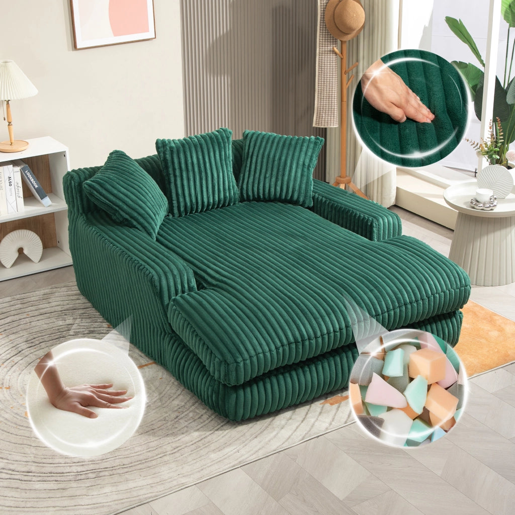 Chaise Longue Poltrona da Pavimento con Design Ergonomico e 3 Cuscini, in Velluto a Coste Smeraldo 125 × 155 × 63 cm