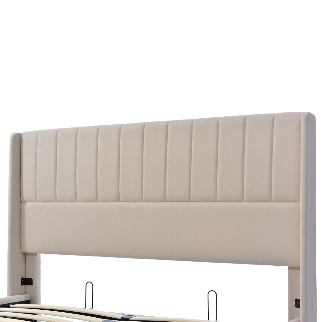 LETTO Contenitore Idraulico 140x200 cm Tessuto Lino Beige