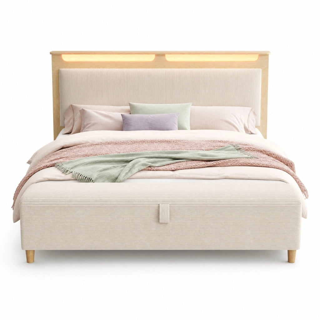 Letto matrimoniale 140x200 cm in legno effetto rovere chiaro con testiera LED, panca contenitore e materasso