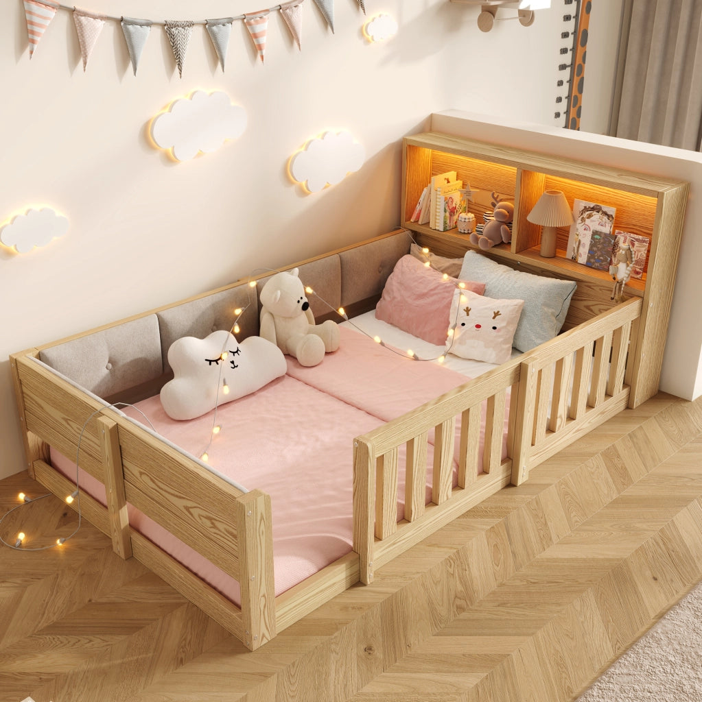 Letto per bambini 90x200 cm con sponde; testiera con spazio contenitore e luci LED; naturale