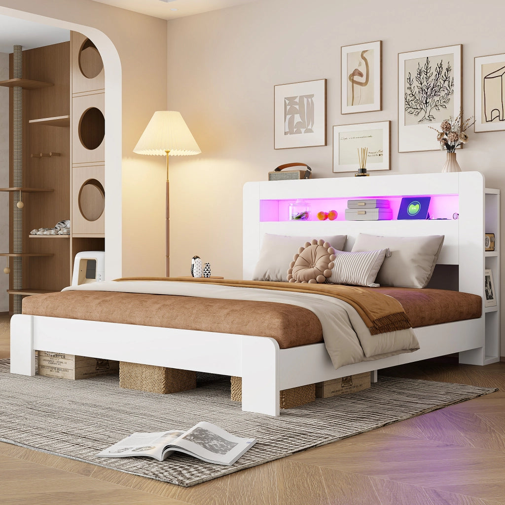 Letto matrimoniale in legno 180x200 cm con testiera contenitiva, LED e prese