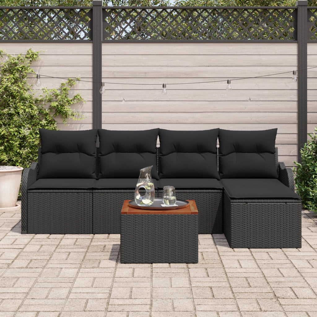 Set Divano da Giardino  di 6 Pezzi con Cuscini Nero Polyrattan Acacia