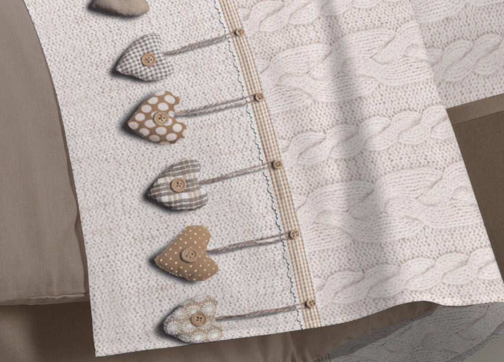 Completo Lenzuola Linea Pensieri Delicati 100% Cotone Disegno Cuore Appeso - Singolo - Beige