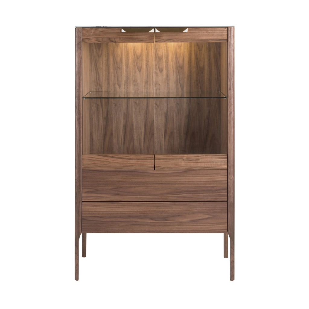Credenza alta in noce con piano in vetro finto marmo e illuminazione interna