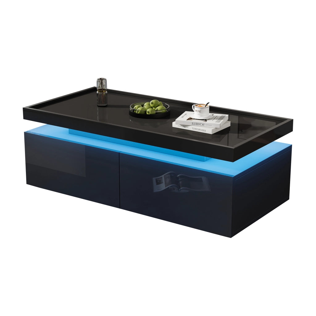 Tavolino da salotto 95x45x35 cm; LED con 2 cassetti; pannello truciolare; nero