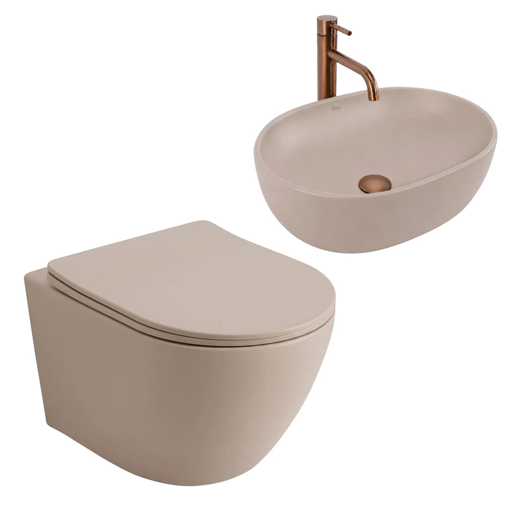 Set Wc Sospeso Focus + Lavabo Da Appoggio Rea Focus Taupe