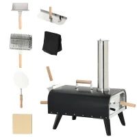 Forno per Pizza Pieghevole e Portatile con Pala e Pietra, in Acciaio e Legno, 81x40x72 cm, Nero