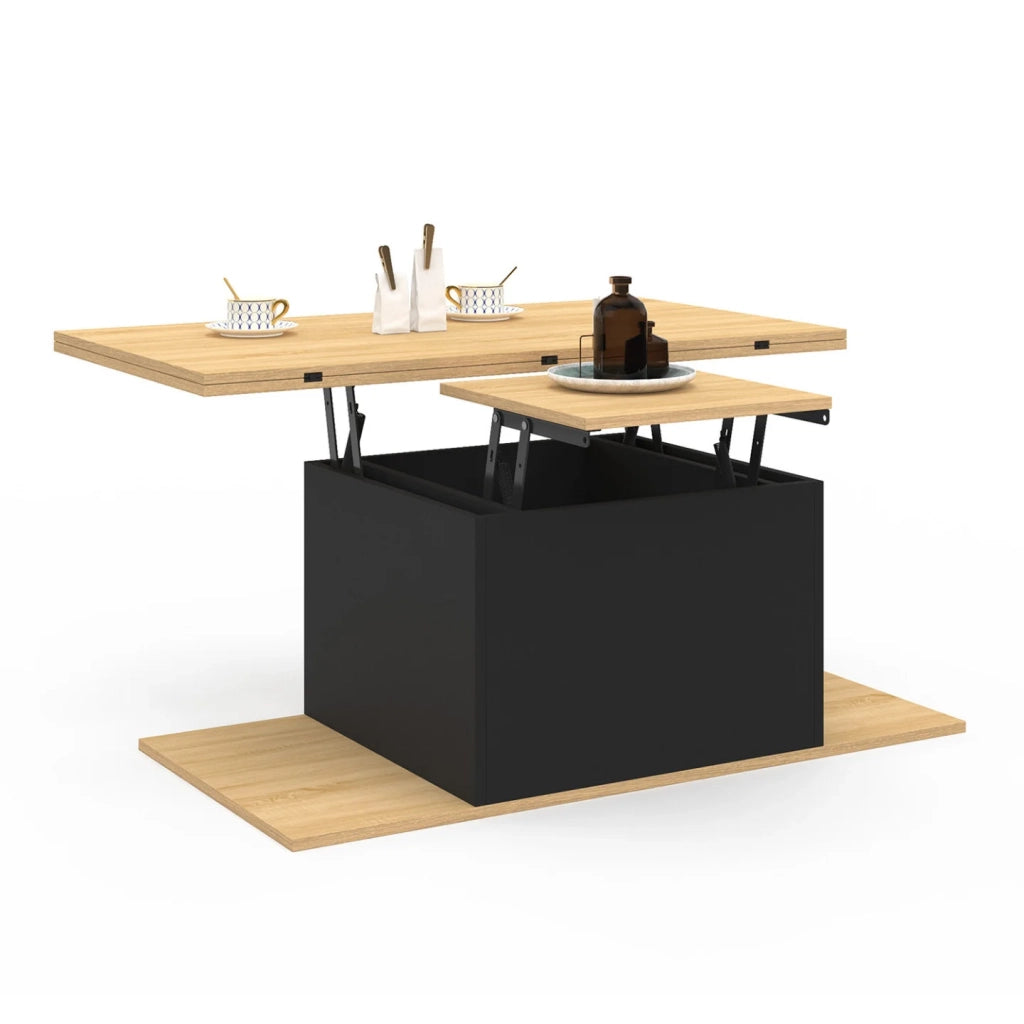 IDMarket - Tavolino rettangolare alzabile trasformabile in tavolo da pranzo EDEN 100 cm in legno e nero con poggiapiedi