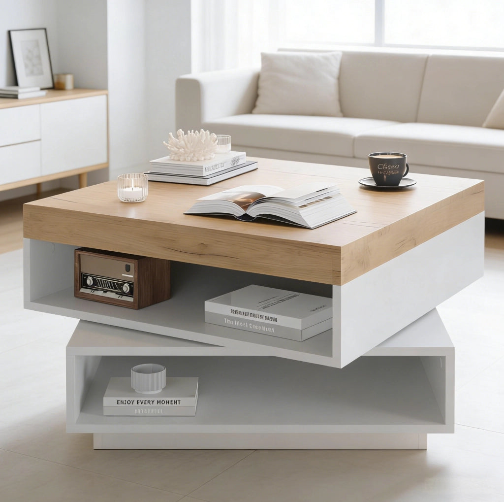 Tavolino da caffè 65x65x40 cm con piano girevole a 360° e LED; MDF; bianco e naturale