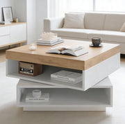 Tavolino da caffè 65x65x40 cm con piano girevole a 360° e LED; MDF; bianco e naturale