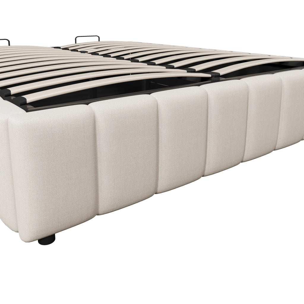 OKWISH Letto Contenitore 140×200 cm, Letto Matrimoniale con Contenitore Idraulico, senza Testiera, senza Materasso, in Lino, Beige